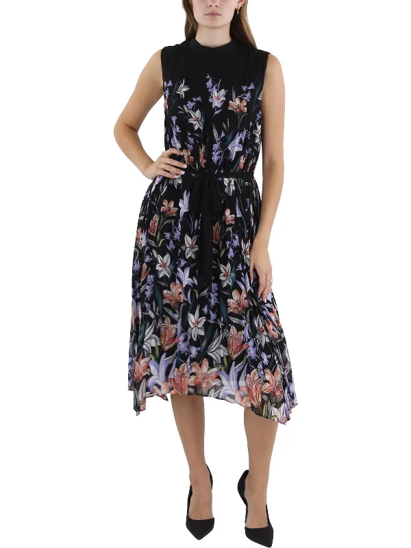 Womens Floral Pleated Midi Dress