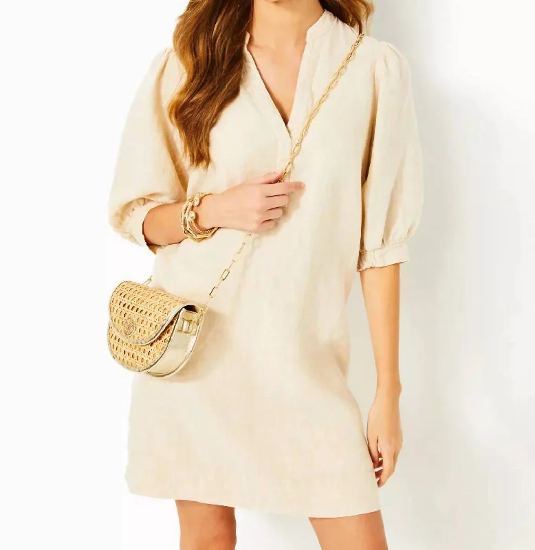 Mialeigh Elbow Sleeve Linen Dress In Sand Bar