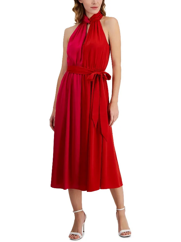 Womens Cut Out Tea Length Halter Dress