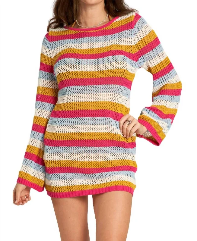 Long Sleeve Multicolor Striped Crochet Mini Dress In Pink Stripe