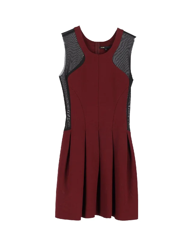 Maje Disquette Mesh Insert Fit and Flare Dress in Burgundy Viscose