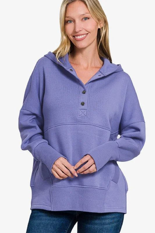 Zenana Half Snap Long Sleeve Hoodie with Kangaroo Pocket - Blue Purple