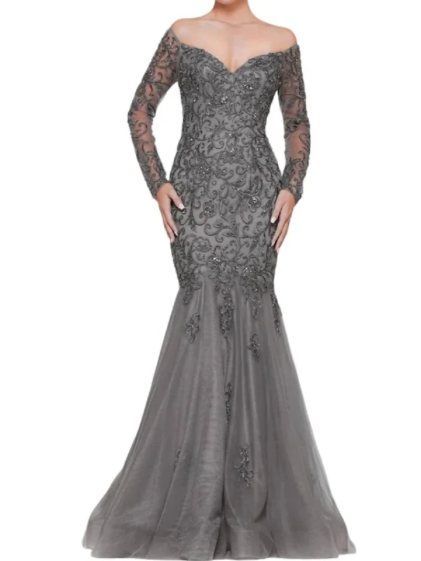 Bead & Embroidery Mermaid Gown In Charcoal Grey