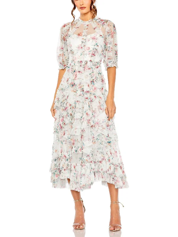 Womens Floral Print Ruffled Evening Dress