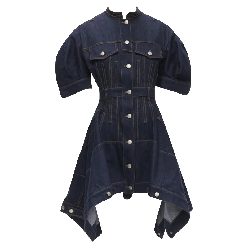 Alexander McQueen indigo denim corset rounded sleeve dress