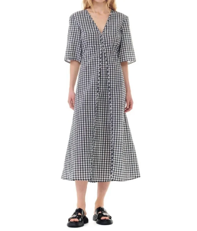 Seersucker Check V-Neck Long Dress In Egret