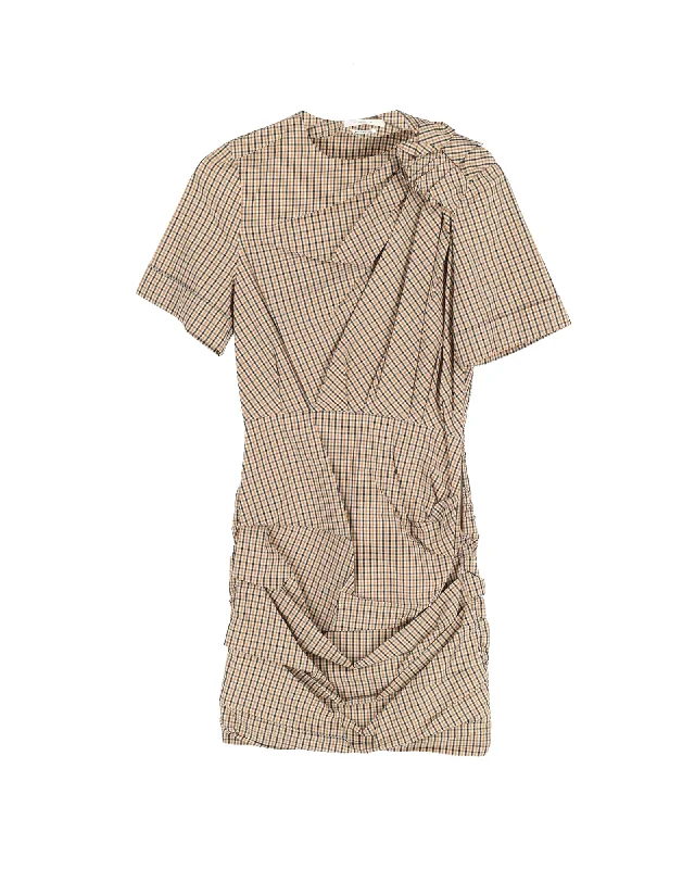 Isabel Marant Étoile Oria Shirred Check-Print Dress in Beige Cotton