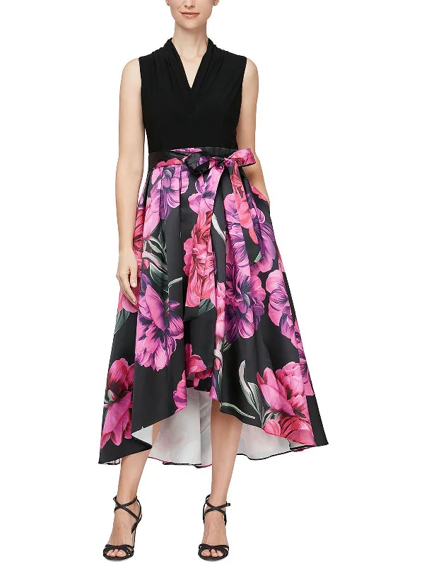 Womens Floral Print Hi-Low Evening Dress