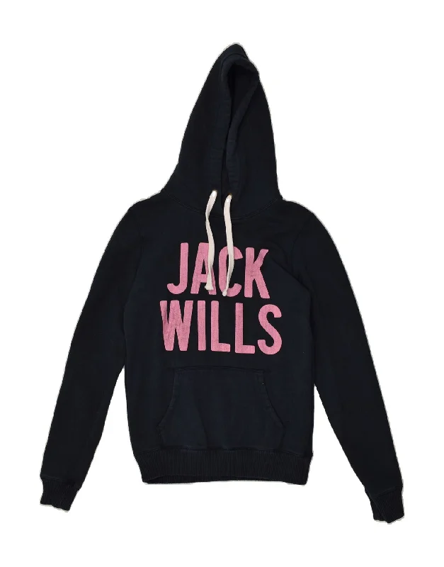 JACK WILLS Womens Graphic Hoodie Jumper UK 8 Small  Navy Blue Cotton