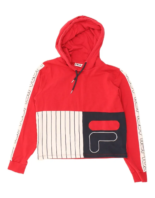 FILA Womens Graphic Hoodie Jumper UK 16 Large Red Colourblock Cotton