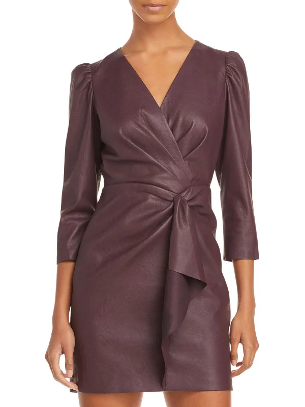 Womens Vegan Leather Plunging Wrap Dress