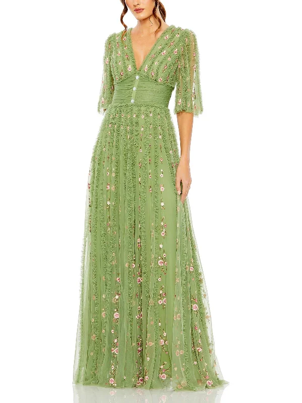 Plus Womens Floral Plunge Evening Dress