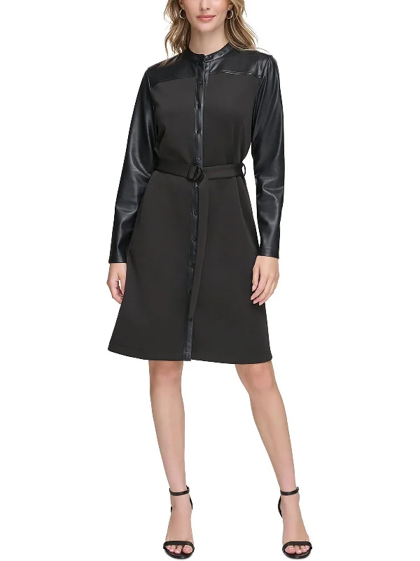 Womens Faux Leather Trim Knee-Length Shirtdress