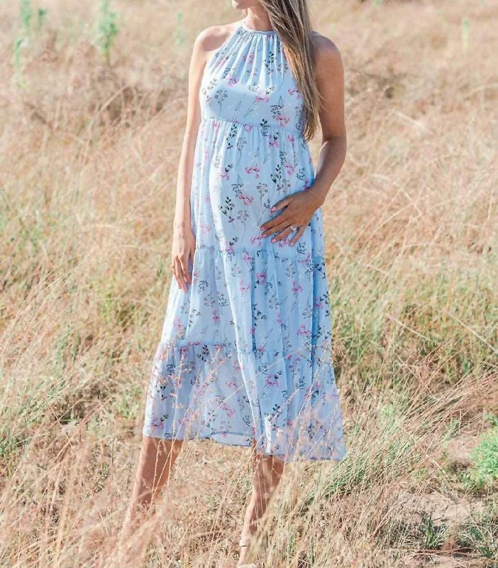 Floral Chiffon Dress In Baby Blue