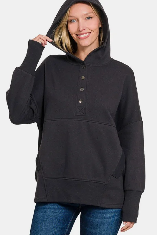 Zenana Half Snap Long Sleeve Hoodie with Kangaroo Pocket - Black