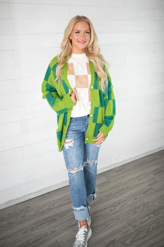 Turquoise Haven Green Checkered Cardigan