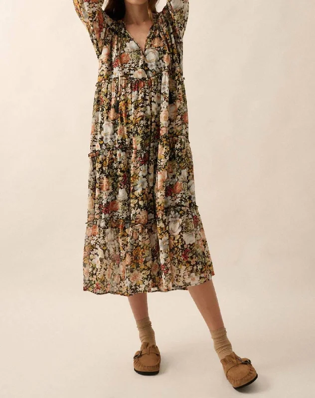 Floral V-Neck Chiffon Midi Dress In Multi