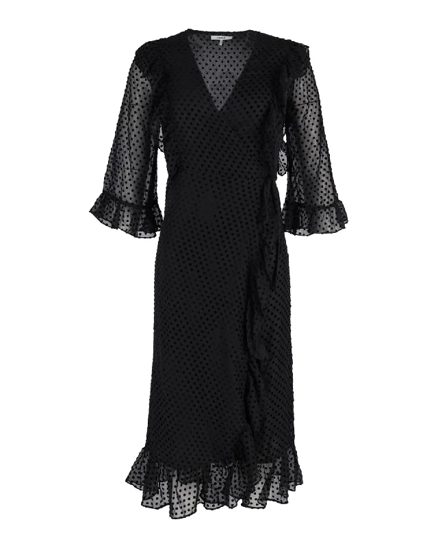 Ganni Polka-Dot Ruffled Wrap Dress in Black Polyamide