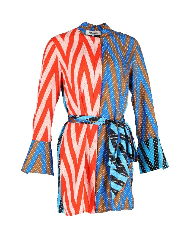 Diane Von Furstenberg Zig-Zag Print Belted Mini Dress in Multicolor Silk