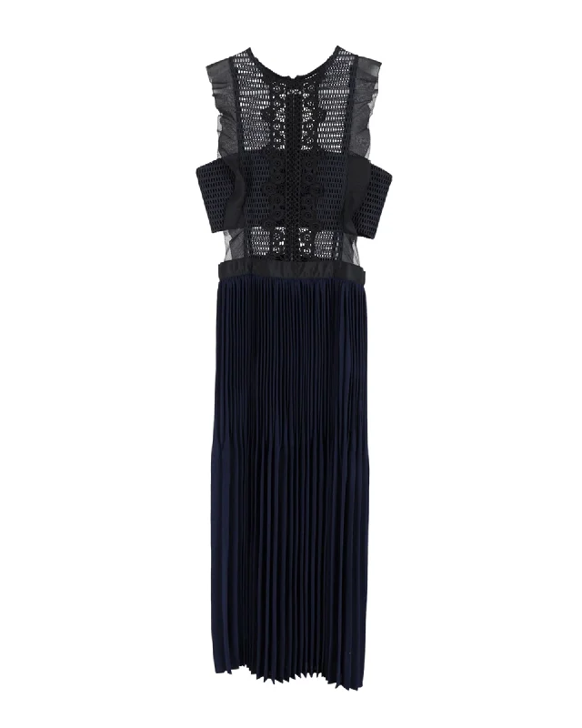 Self-Portrait Sleeveless Pleated Lace Dress in Navy Blue Polyester