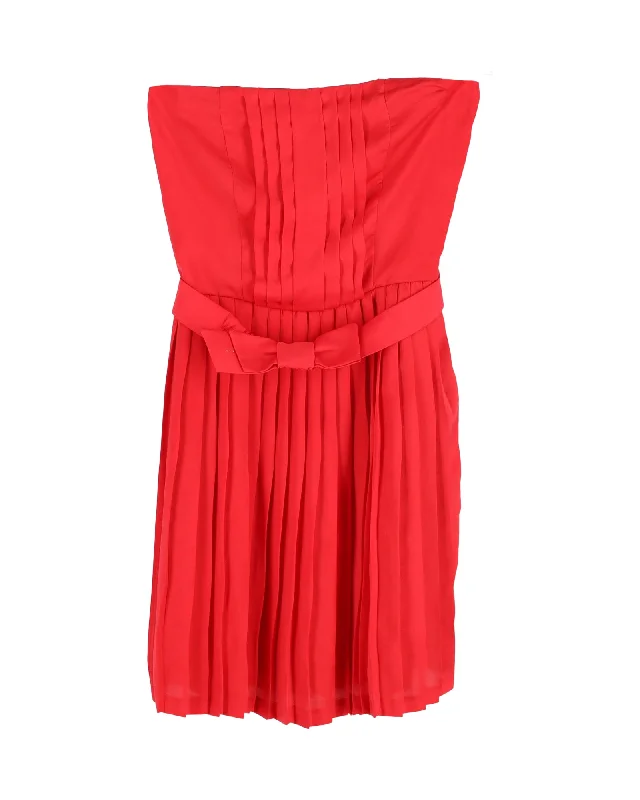 Sandro Paris Pleated Strapless Mini Dress in Red Silk