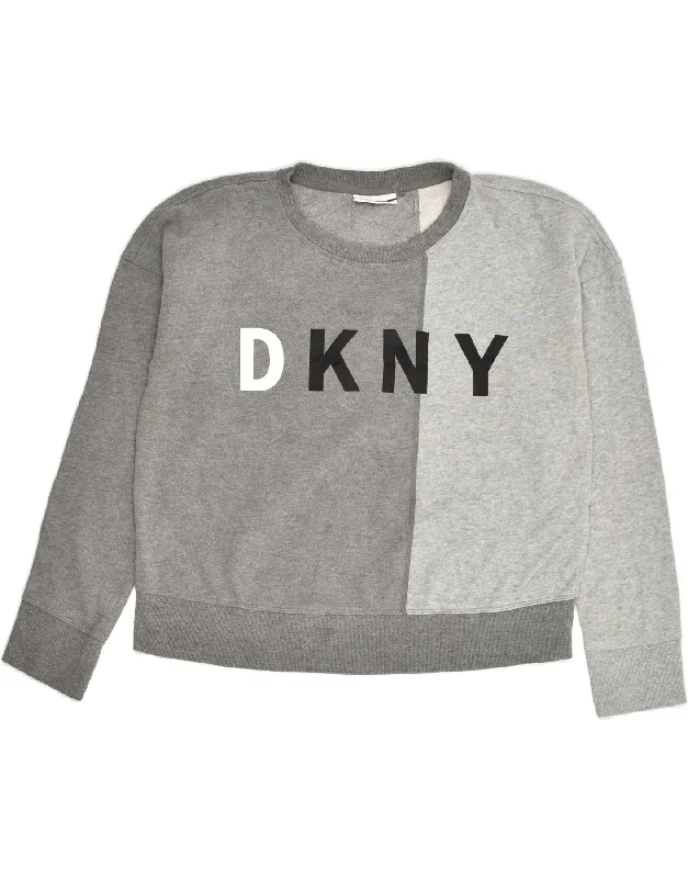 DKNY Womens Graphic Sweatshirt Jumper UK 16 Large Grey Colourblock Cotton