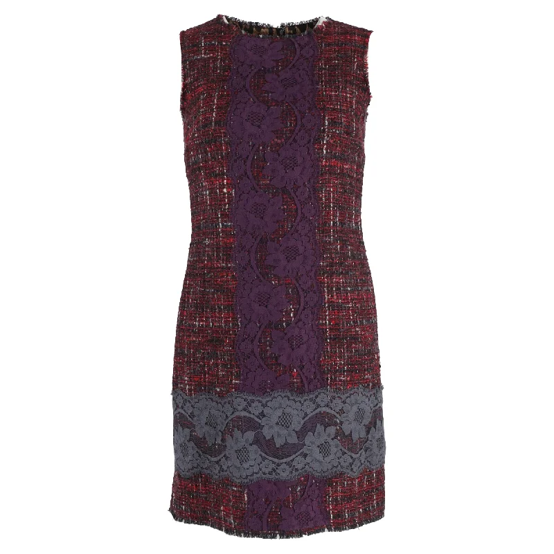 Dolce & Gabbana Lace-Embroidered Tweed Shift Dress in Purple Wool