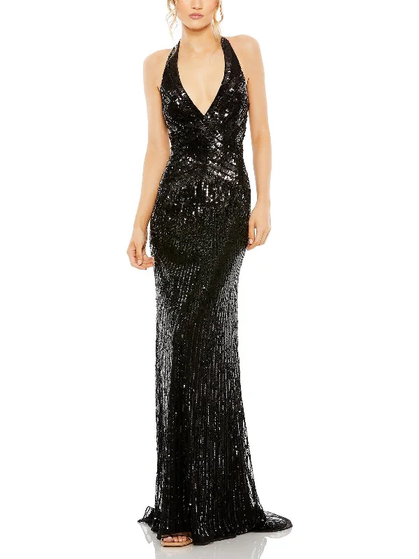 Womens Sequined Halter Evening Dress