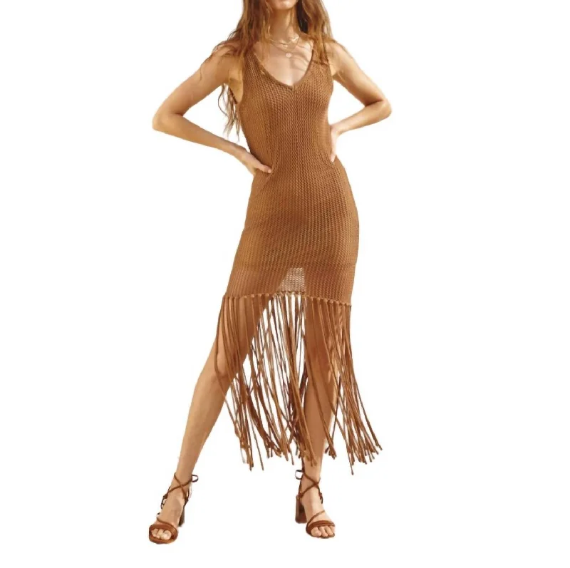 Woodstock Crochet Fringe Hem Dress In Brown