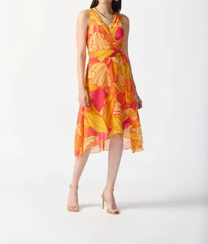 Tropical Print Faux Wrap Print Midi Dress In Pink/multi