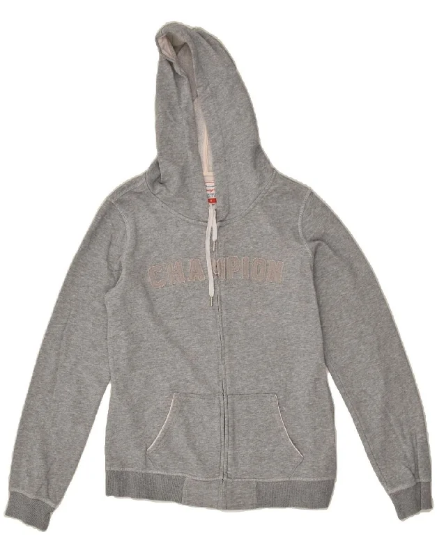 CHAMPION Womens Graphic Zip Hoodie Sweater UK 14 Medium Grey Cotton