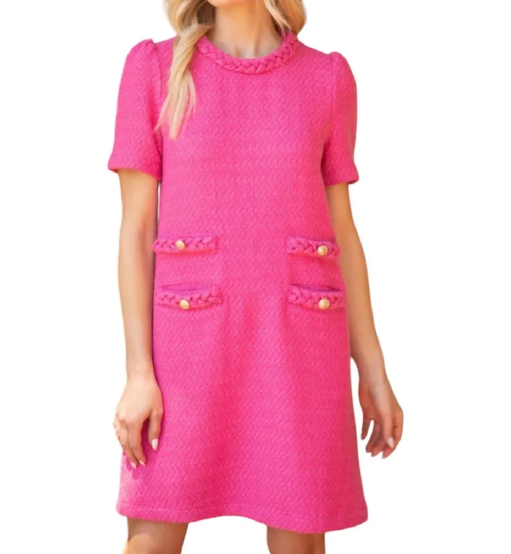 Janie Braid Neck Tweed Dress In Pink