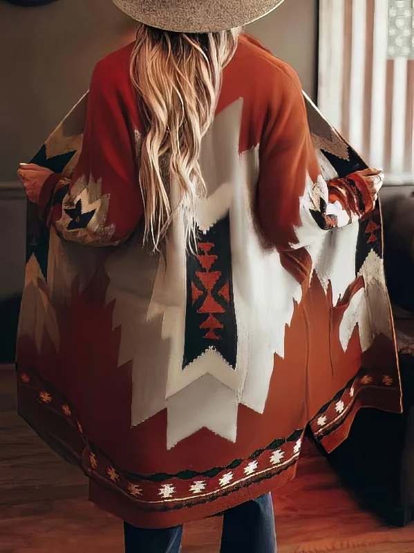 Oversized Ethnic Print Long Sleeve Knitted Coat