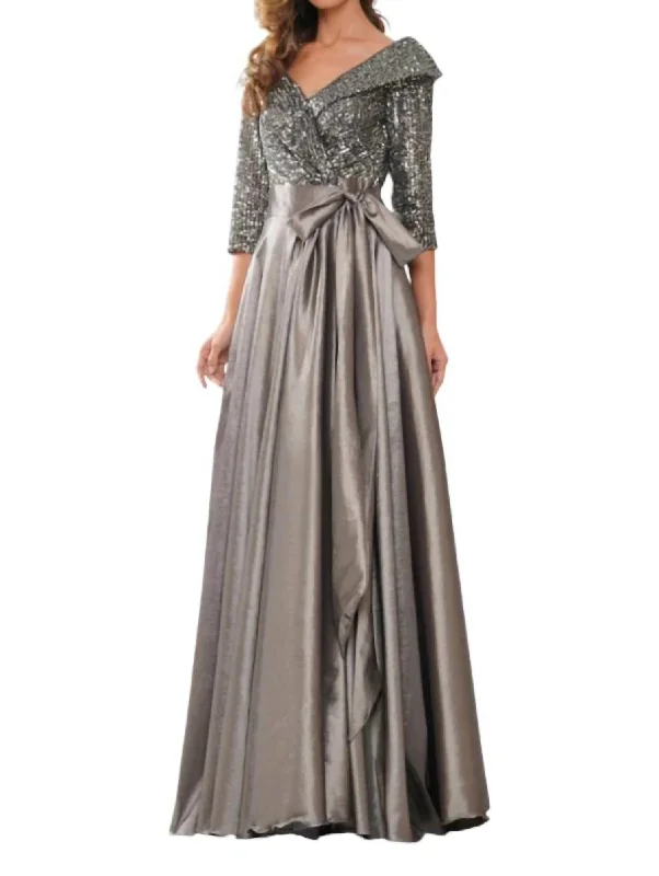 Off-Shoulder Sequin & Taffeta Gown In Charcoal