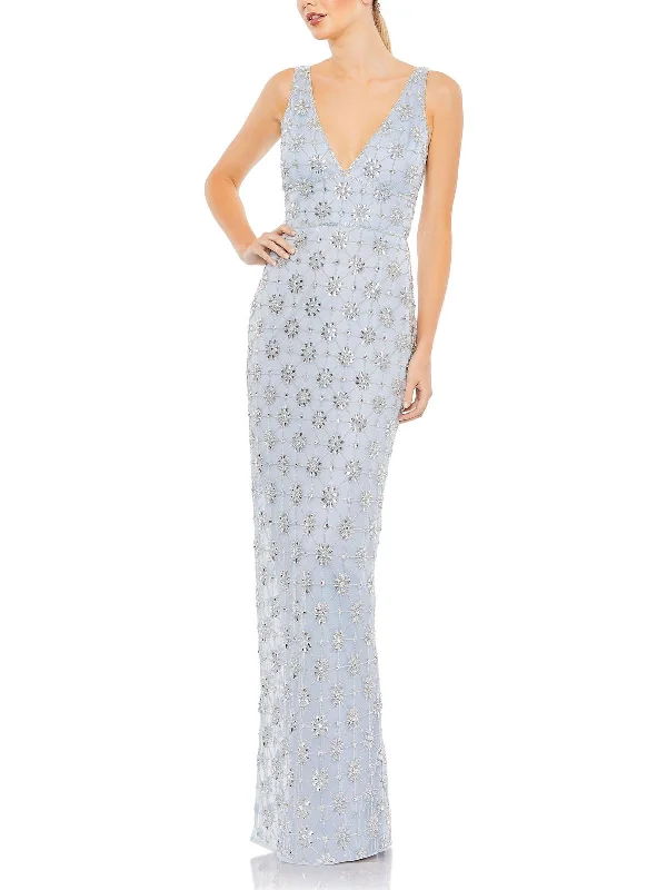 Womens Embellished V-Neck Evening Dress