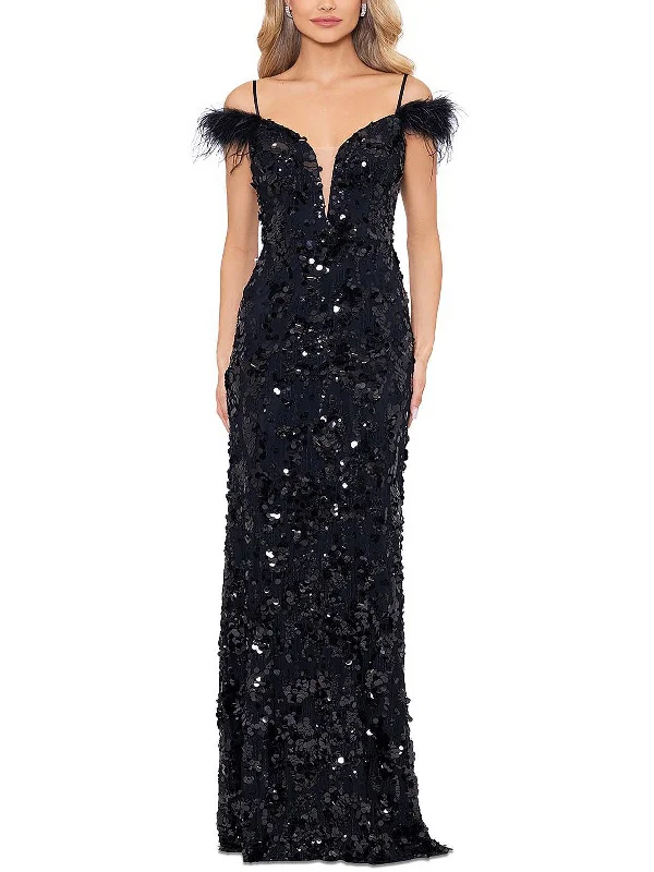 Womens Sequined Feather Trim Evening Dress