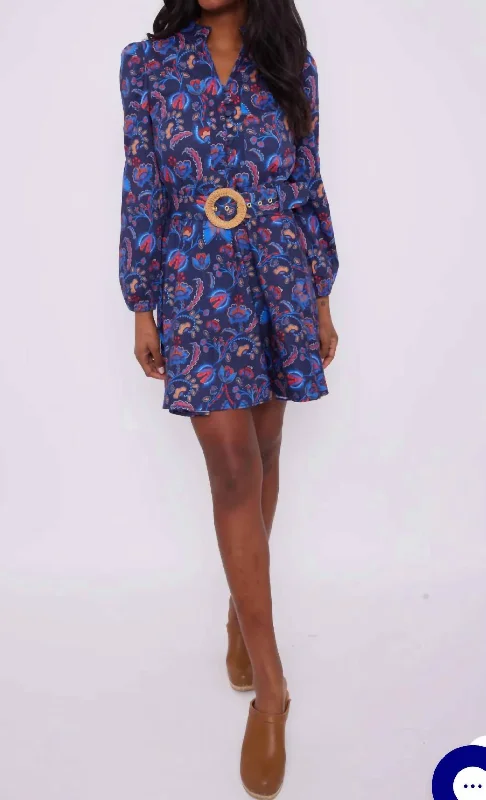 Aztec Floral Belted Long Sleeve Tunic Dress In Blue