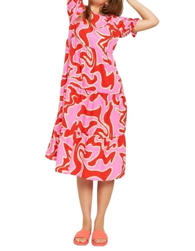 Tiered Short Sleeve A-Line Midi Dress In Fuchsia Combo