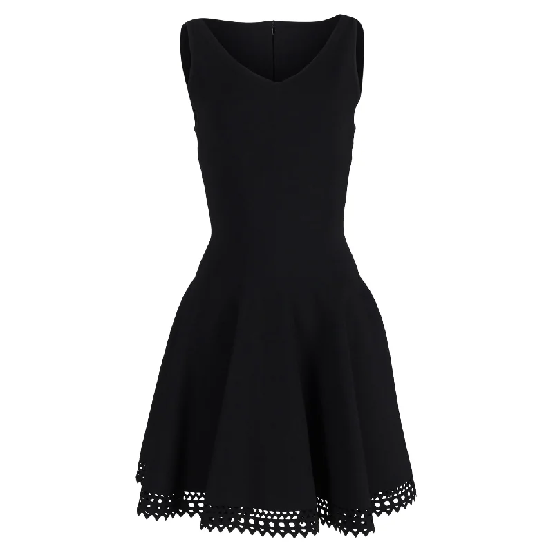 Alaïa Knit Cut-Out Detail Flared Dress in Black Wool