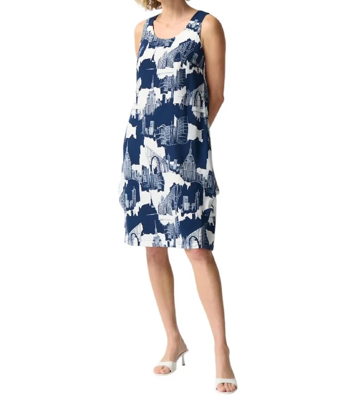 Cityscape Print Dress In Vanilla/midnight Blue