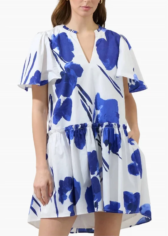 Neli Floral Trapeze Mini Dress In White/cobalt