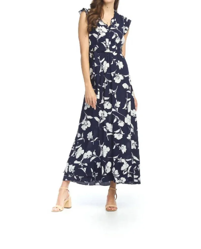 Mariah Floral Ruffle Midi Dress In Navy