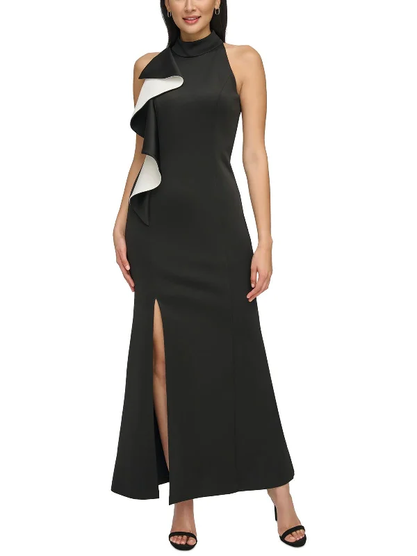 Womens Cascade Ruffle Halter Evening Dress