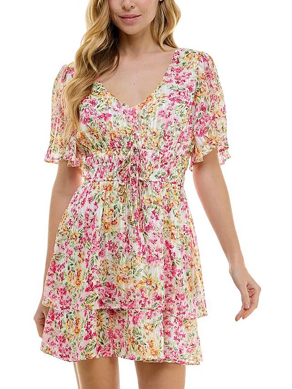 Juniors Womens Floral Tiered Mini Dress