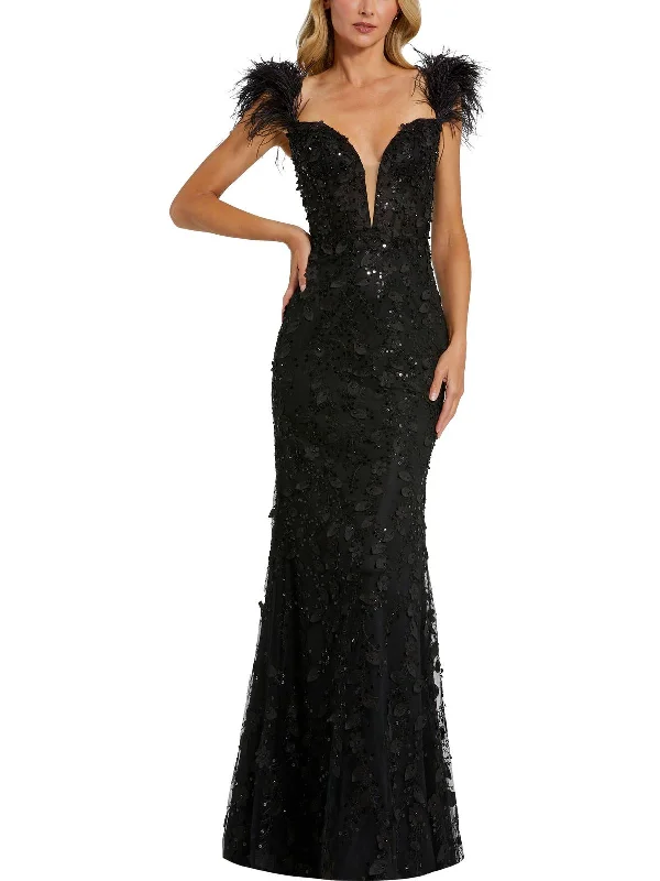 Womens Feathers Illusion Evening Dress