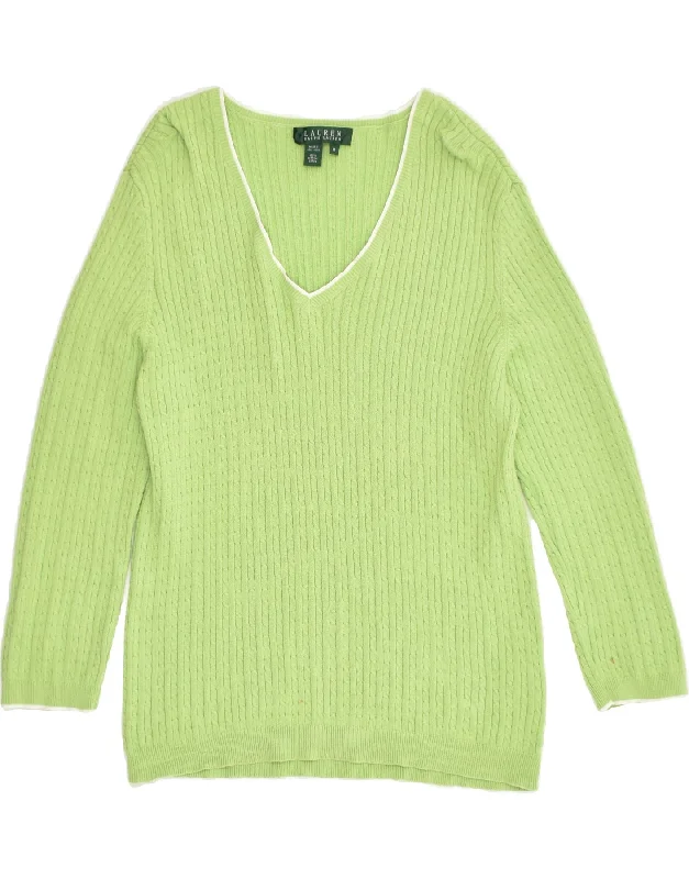 RALPH LAUREN Womens V-Neck Jumper Sweater UK 12 Medium Green Cotton