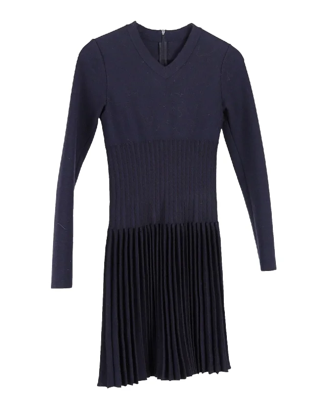 Alaia Pleated Mini Dress in Navy Blue Lana Vergine