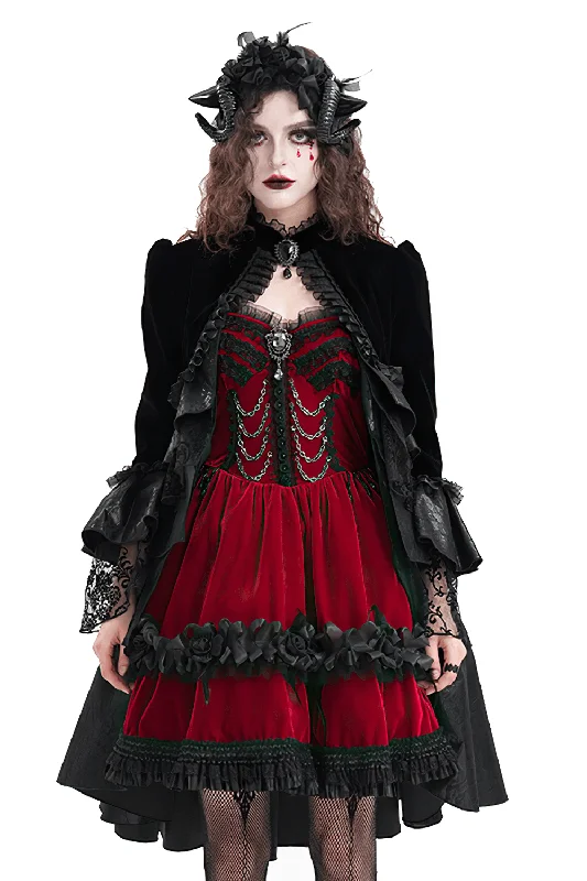 Victorian Gothic Black Velvet Jacket with Lace and Ruffles