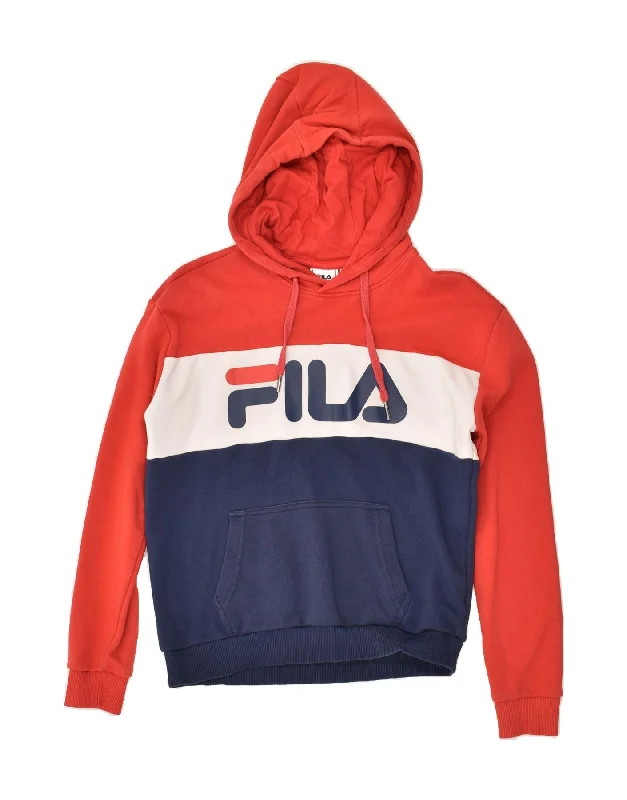 FILA Womens Graphic Hoodie Jumper UK 10 Small Red Colourblock Cotton