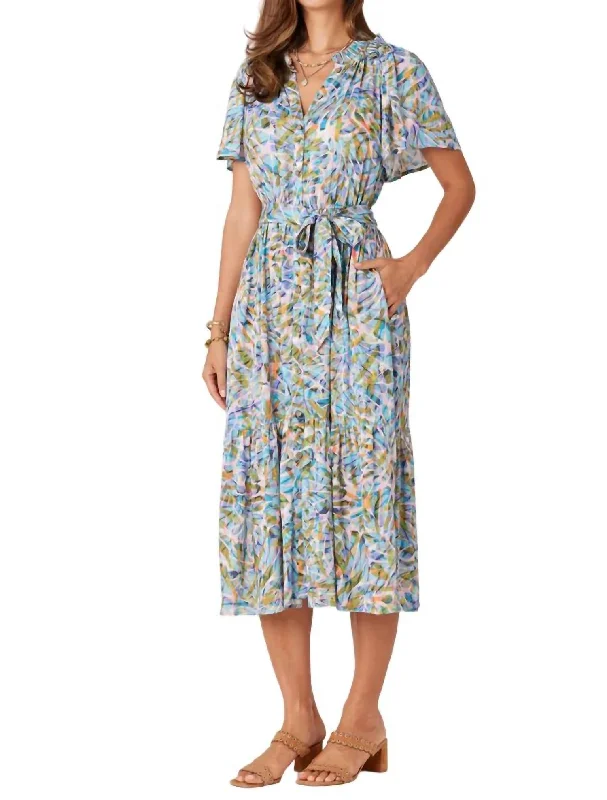 Short Bell Sleeve Printed Woven Dress In Blue Floral